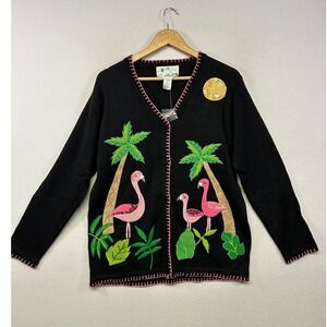 Tropical Kitsch The Quacker Factory Womens Small Flamingo Palm Tree Cardigan